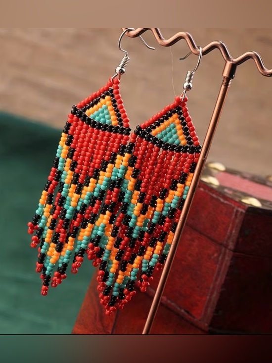Jewelry - Handmade Red Beaded Fringe Earrings with Turquoise accents